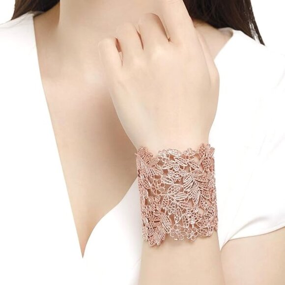 Rhineline Gold Tone Floral Leaf Filigree Cuff Bracelet - Picture 2 of 9